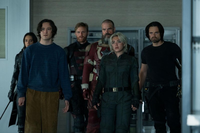 From left, Hannah John-Kamen, Lewis Pullman, Wyatt Russell, David Harbour, Florence Pugh and Sebastian Stan star in "Thunderbolts*," in theaters Friday. Photo courtesy of Marvel