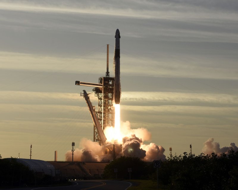 A SpaceX Falcon 9 rocket, like the one pictured here, launched from the Kennedy Space Center, Fla., on Thursday night with a payload of Starlink satellites. Photo by Joe Marino/UPI