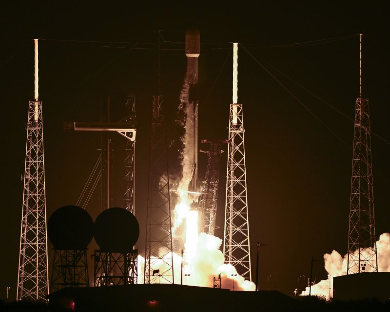 A SpaceX Falcon 9 rocket, like the one pictured, launched with a payload of 23 Starlink Satellites from Florida's east coast on Sunday night. Photo by Joe Marino/UPI